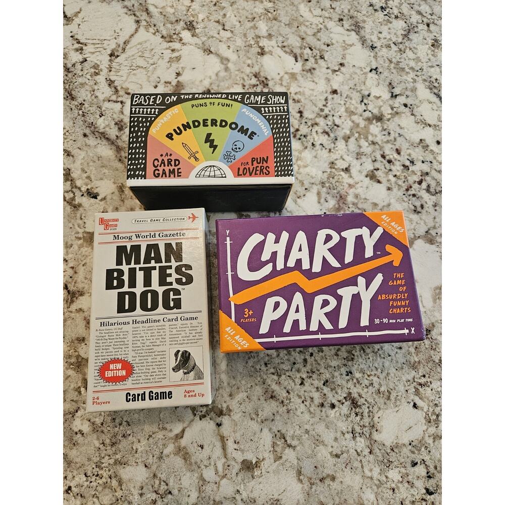 Lot Of 3 Family Games: Punderdome, Charty Party, Man Bites Dog / Cards